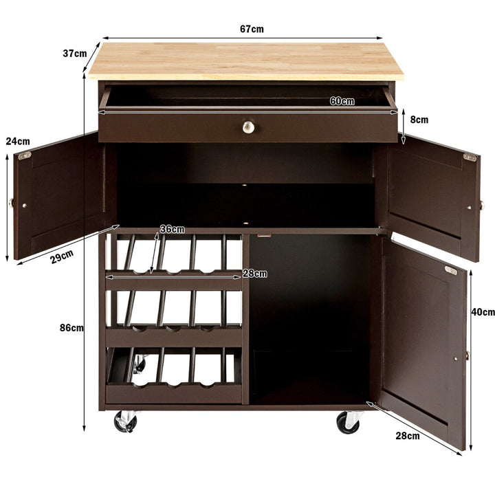 Rolling Kitchen Cart with 3 Tier Wine Racks and Cupboards - TidySpaces