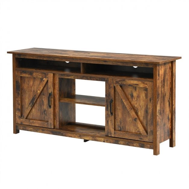 Wooden TV Cabinet with Barn Doors and Open Shelf