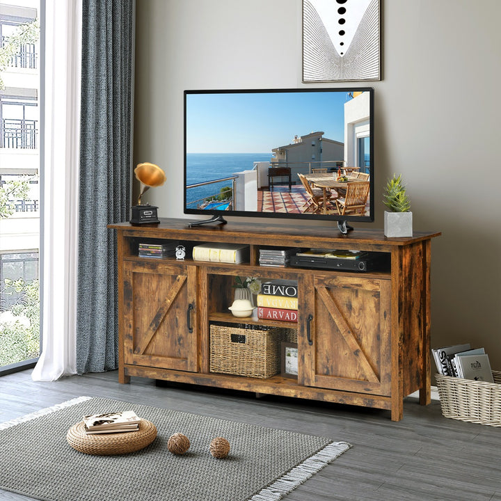 Wooden TV Cabinet with Barn Doors and Open Shelf - TidySpaces