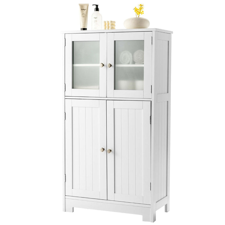 4-Door Bathroom Floor Cabinet with Glass Doors and Adjustable Shelf