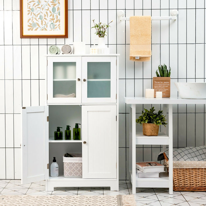 4-Door Bathroom Floor Cabinet with Glass Doors and Adjustable Shelf