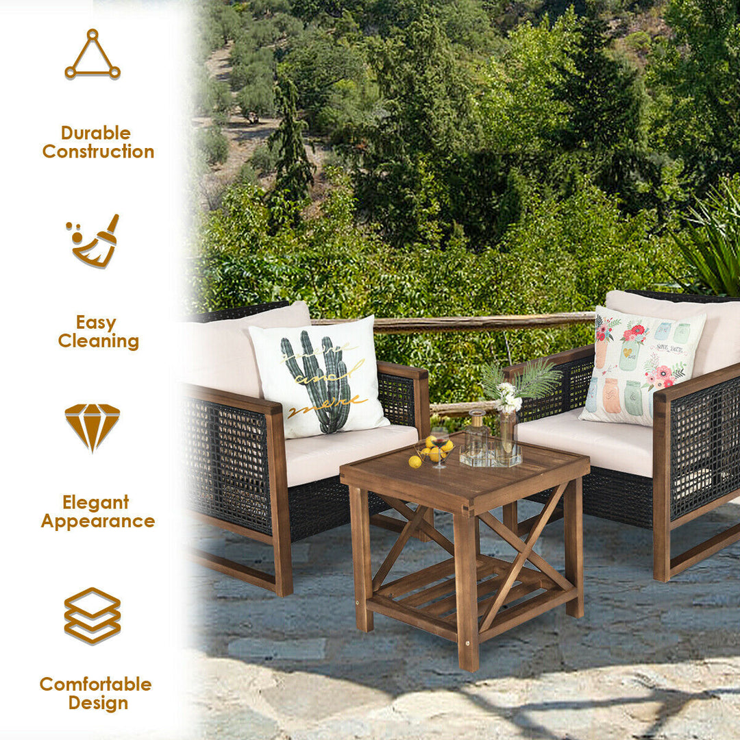 3 Pieces Outdoor Rattan Furniture Bistro Set with Cushioned Sofas-Beige