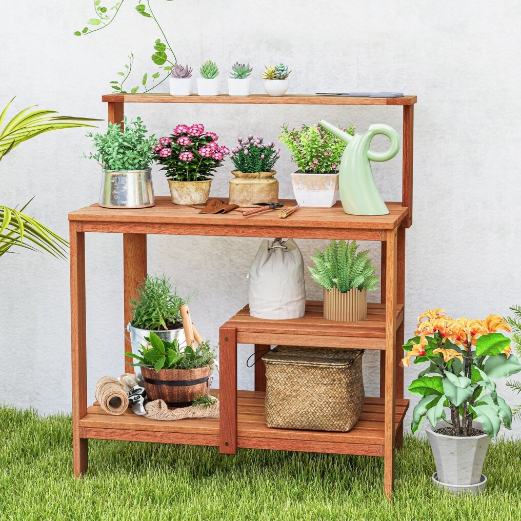 Garden Potting Bench Table with Open Shelves and Teak Oil Finish