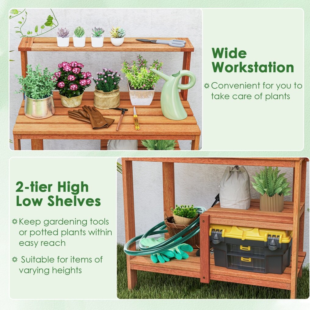 Garden Potting Bench Table with Open Shelves and Teak Oil Finish