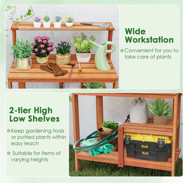 Garden Potting Bench Table with Open Shelves and Teak Oil Finish