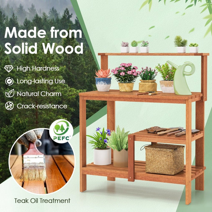 Garden Potting Bench Table with Open Shelves and Teak Oil Finish