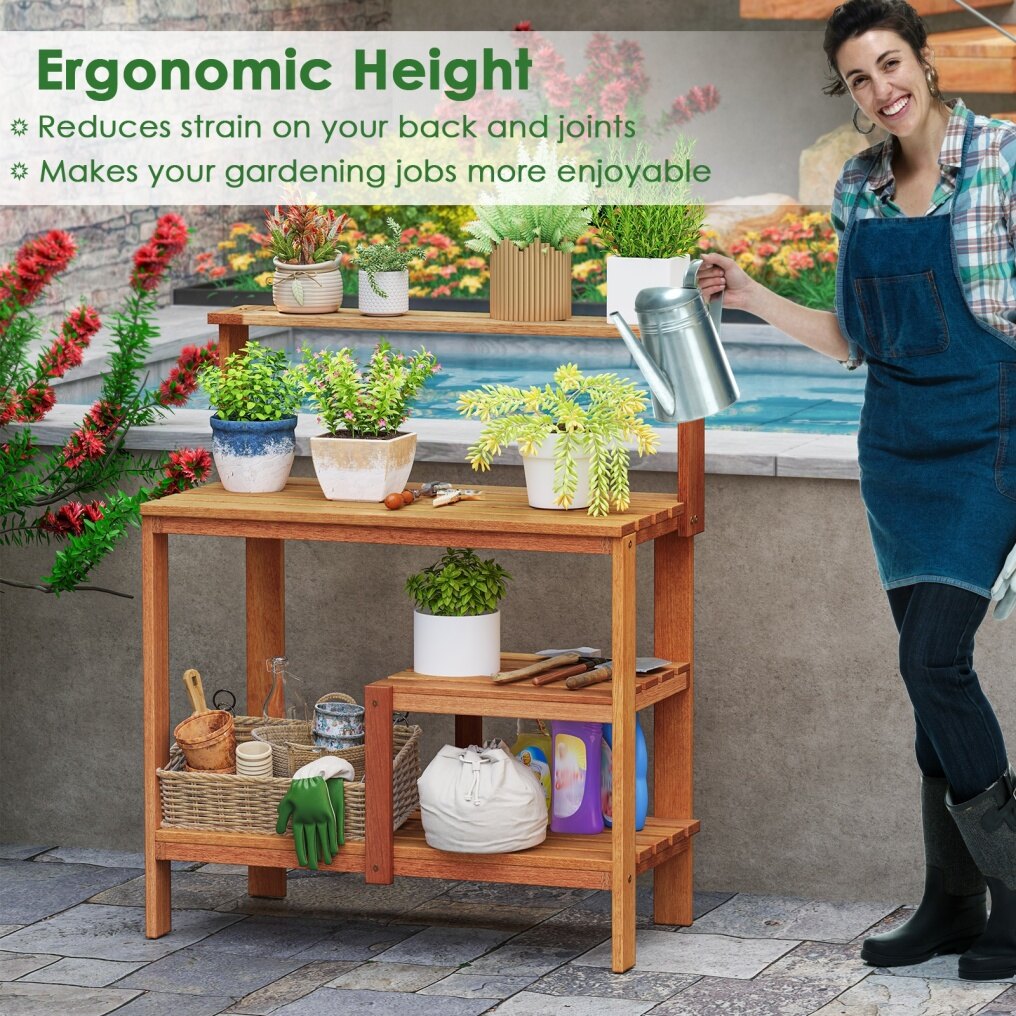 Garden Potting Bench Table with Open Shelves and Teak Oil Finish