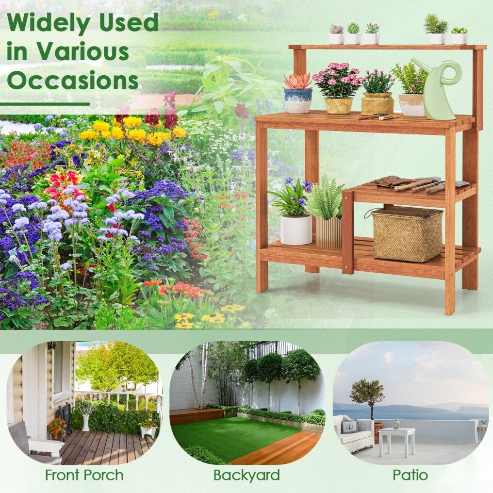 Garden Potting Bench Table with Open Shelves and Teak Oil Finish