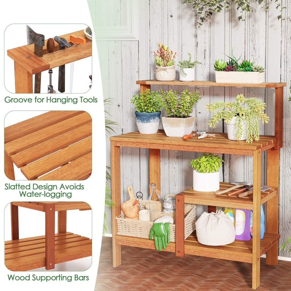 Garden Potting Bench Table with Open Shelves and Teak Oil Finish
