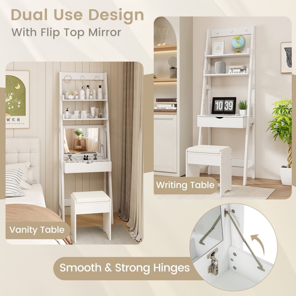 Vanity Desk Set with Flip Top Mirror and Hooks-White