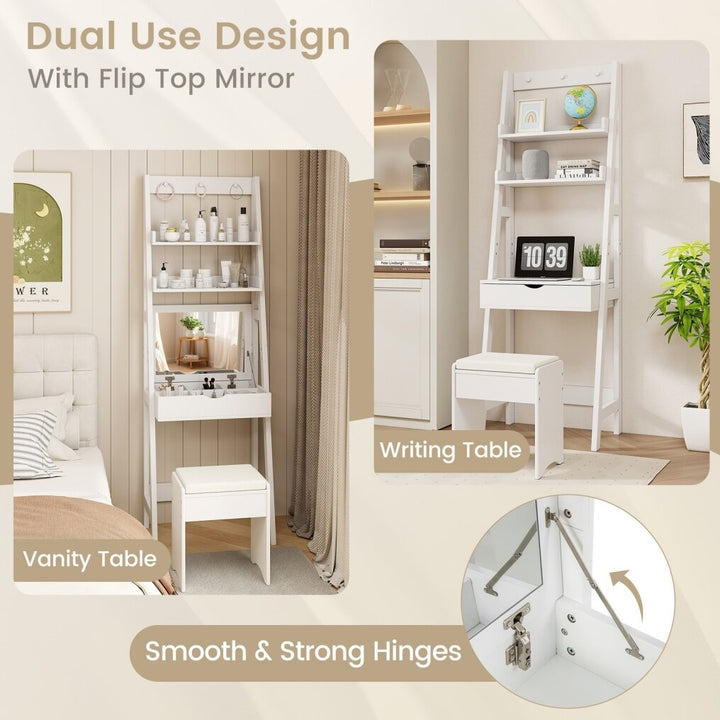 Vanity Desk Set with Flip Top Mirror and Hooks-White