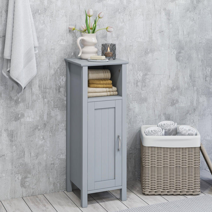 Freestanding Narrow Bathroom Storage Organizer Rack Stand with Door and Adjustable Shelf-Grey - TidySpaces
