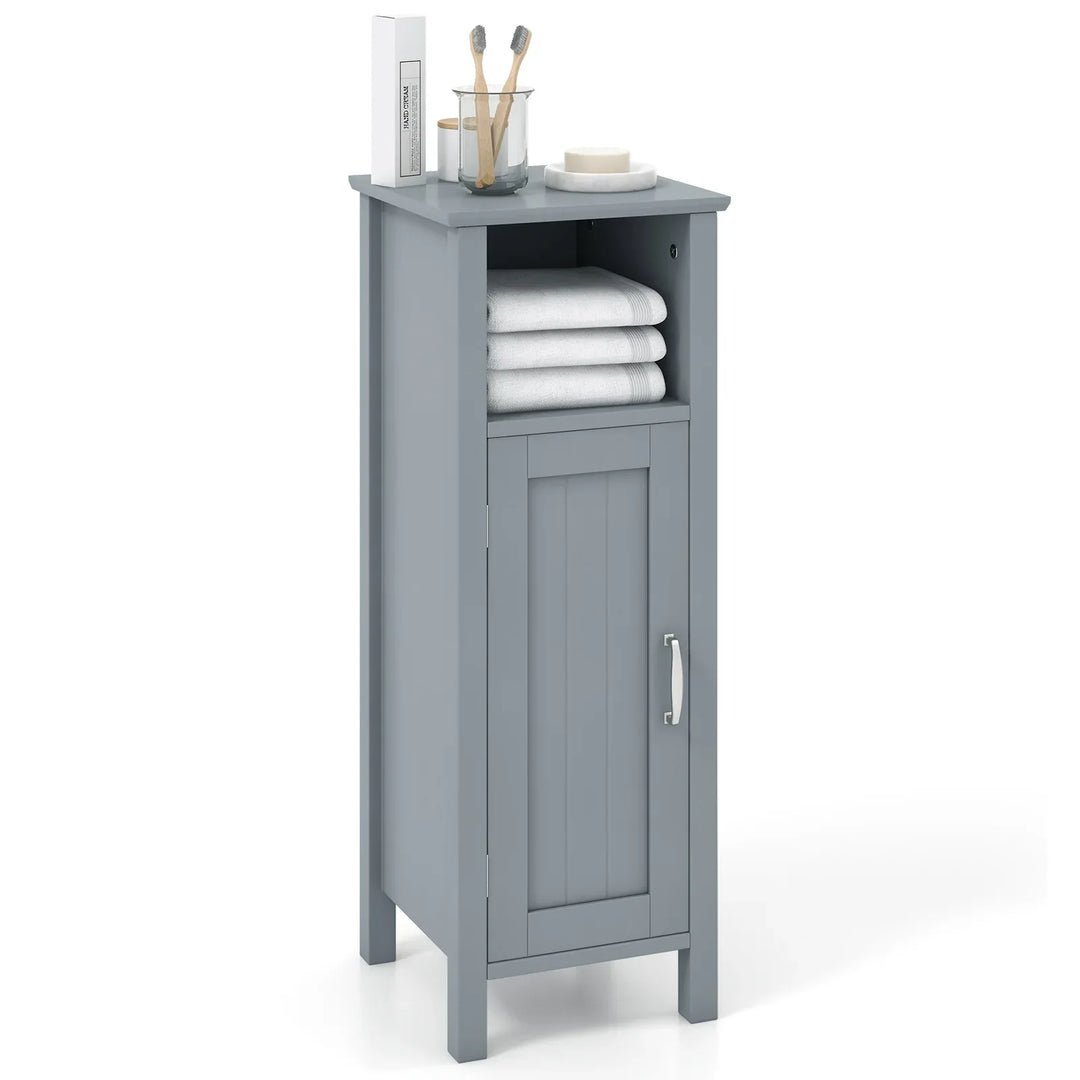 Freestanding Narrow Bathroom Storage Organizer Rack Stand with Door and Adjustable Shelf-Grey - TidySpaces