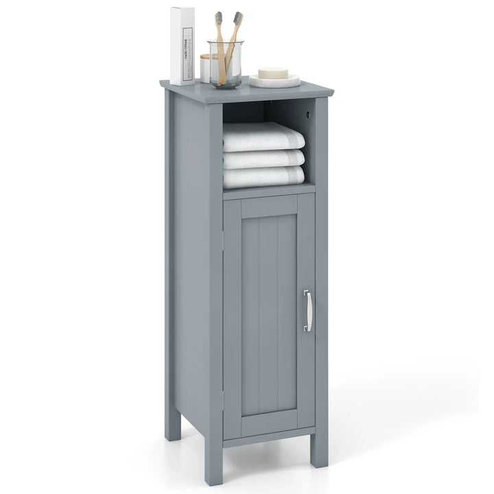 Freestanding Narrow Bathroom Storage Organizer Rack Stand with Door and Adjustable Shelf-Grey - TidySpaces