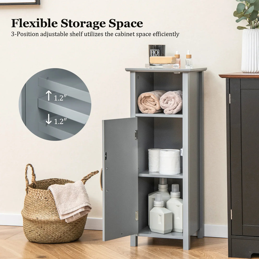 Freestanding Narrow Bathroom Storage Organizer Rack Stand with Door and Adjustable Shelf-Grey - TidySpaces