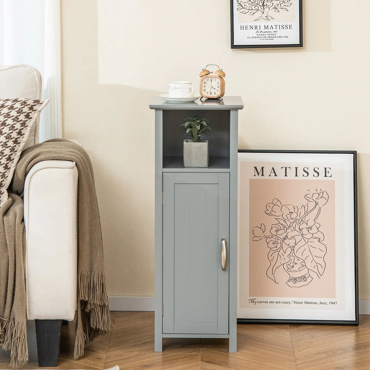 Freestanding Narrow Bathroom Storage Organizer Rack Stand with Door and Adjustable Shelf-Grey - TidySpaces
