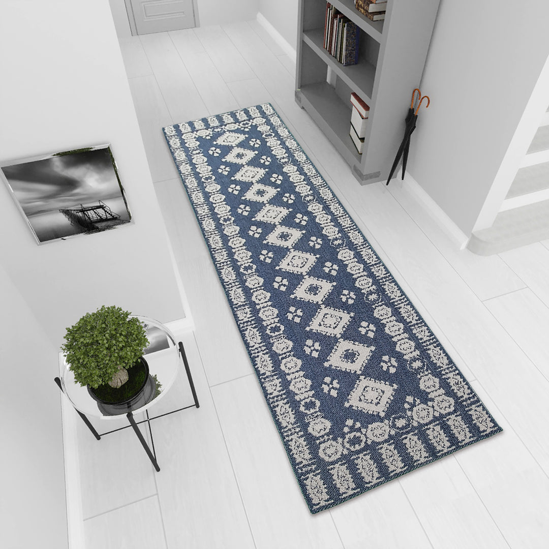 Cotton Rug Navy Blue Grey Moroccan Diamond