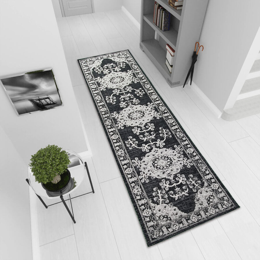 Cotton Rug Black Grey Oriental