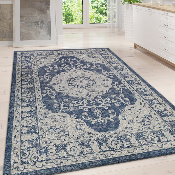 Cotton Rug Navy Grey Oriental - TidySpaces