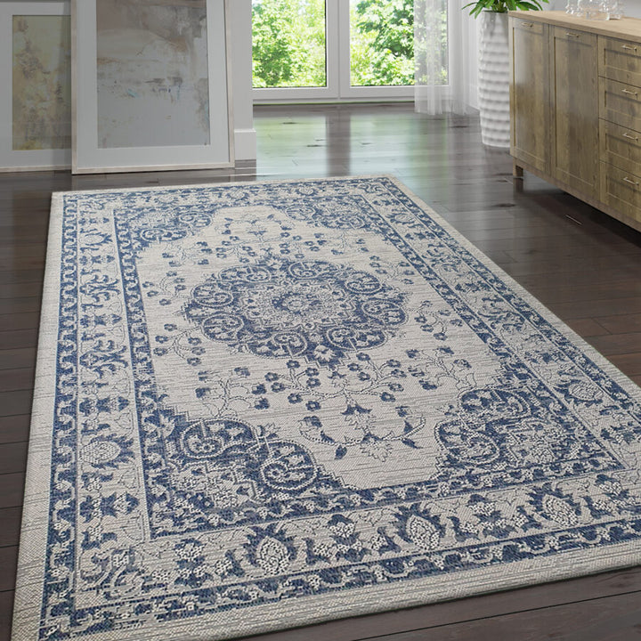 Cotton Rug Grey Navy Blue Oriental