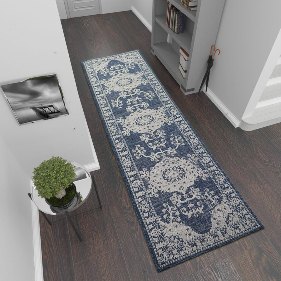 Cotton Rug Navy Grey Oriental