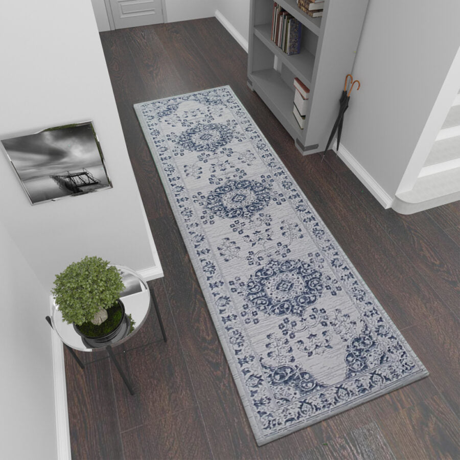 Cotton Rug Grey Navy Blue Oriental