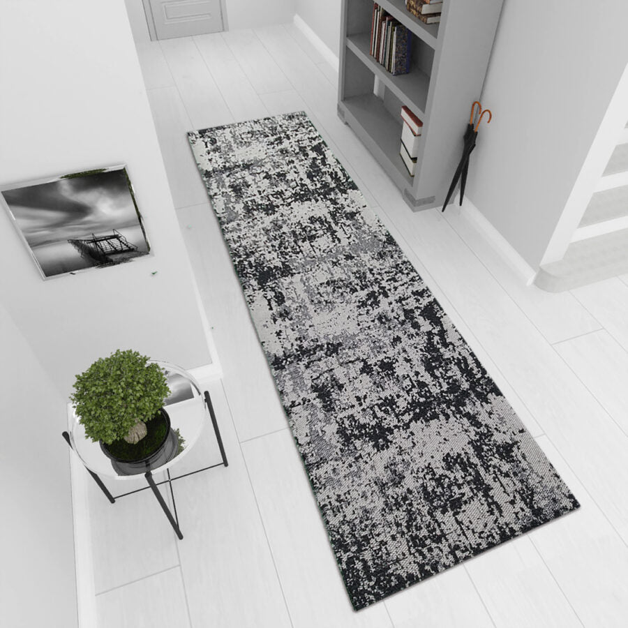 Cotton Rug Grey Black Abstract 75x300cm (Runner) Grey Black - TidySpaces