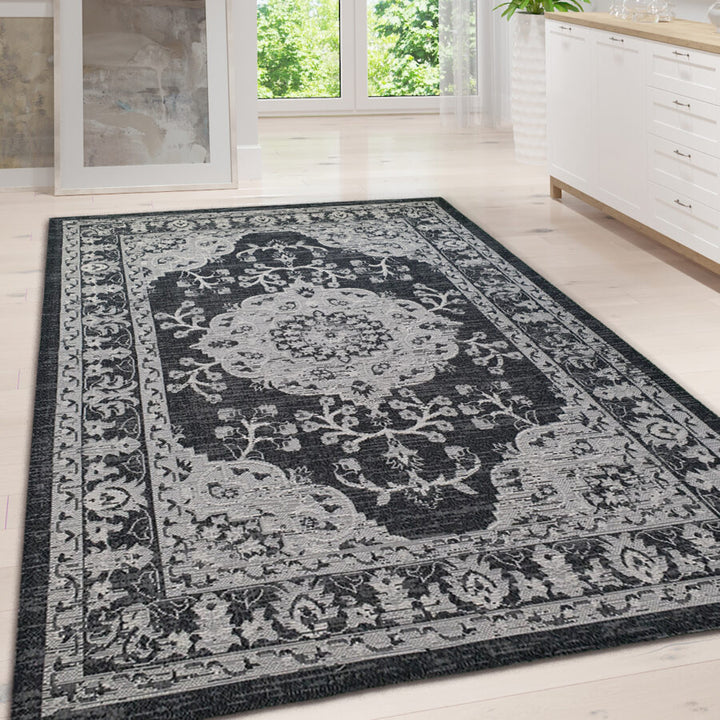 Cotton Rug Black Grey Oriental Black Grey - TidySpaces