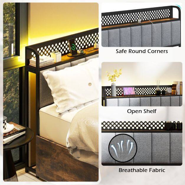 Industrial Metal Platform Bed with LED Lights and USB Power Outlets