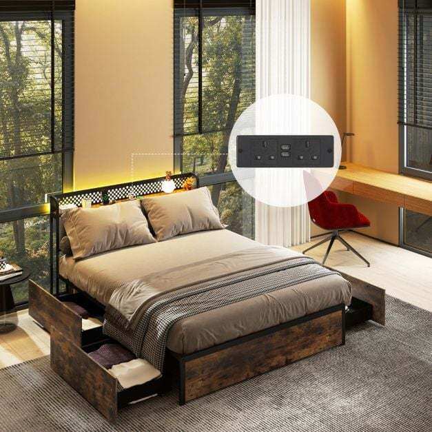 Industrial Metal Platform Bed with LED Lights and USB Power Outlets