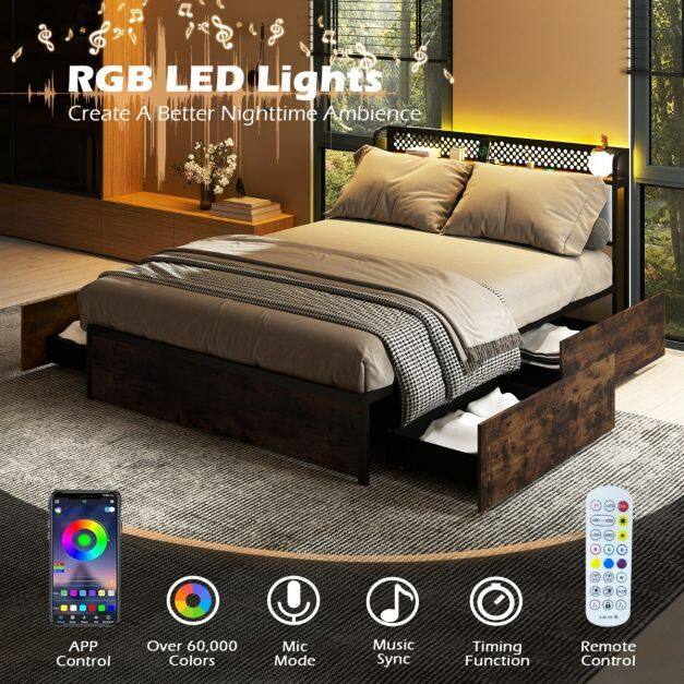 Industrial Metal Platform Bed with LED Lights and USB Power Outlets
