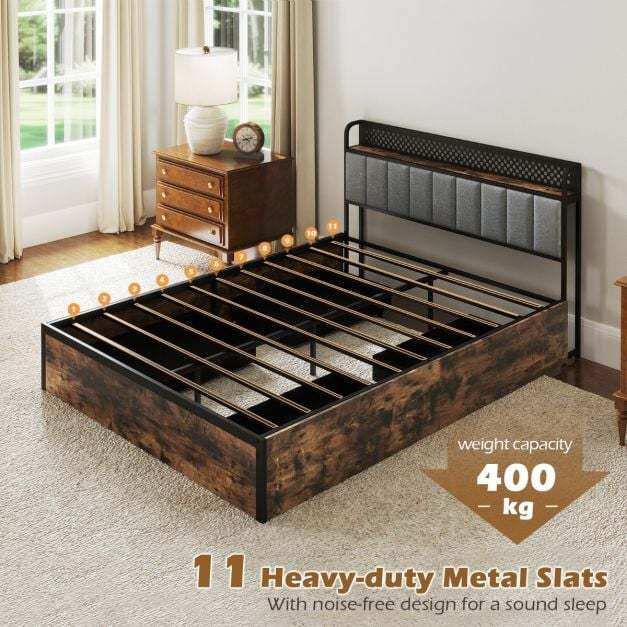 Industrial Metal Platform Bed with LED Lights and USB Power Outlets