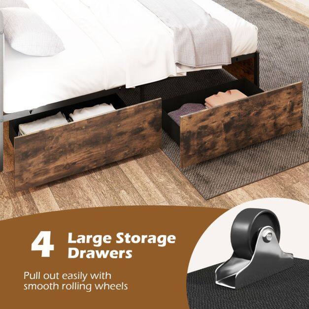 Industrial Metal Platform Bed with LED Lights and USB Power Outlets