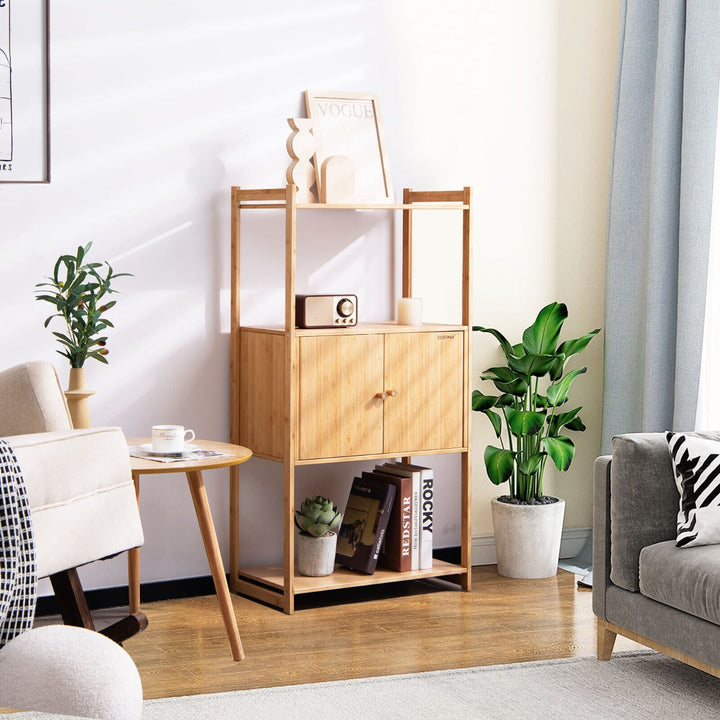 Bamboo Bathroom Storage Cabinet with 3 Shelves and 2-Door Cabinet-Natural