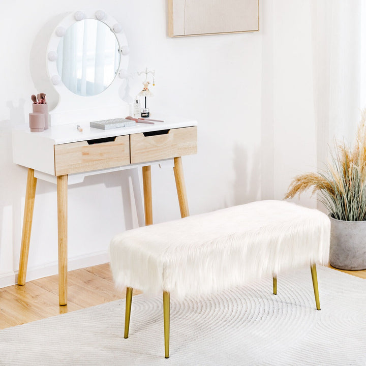 Rectangular Upholstered Furry Faux Fur Footrest with Golden Metal Legs - TidySpaces