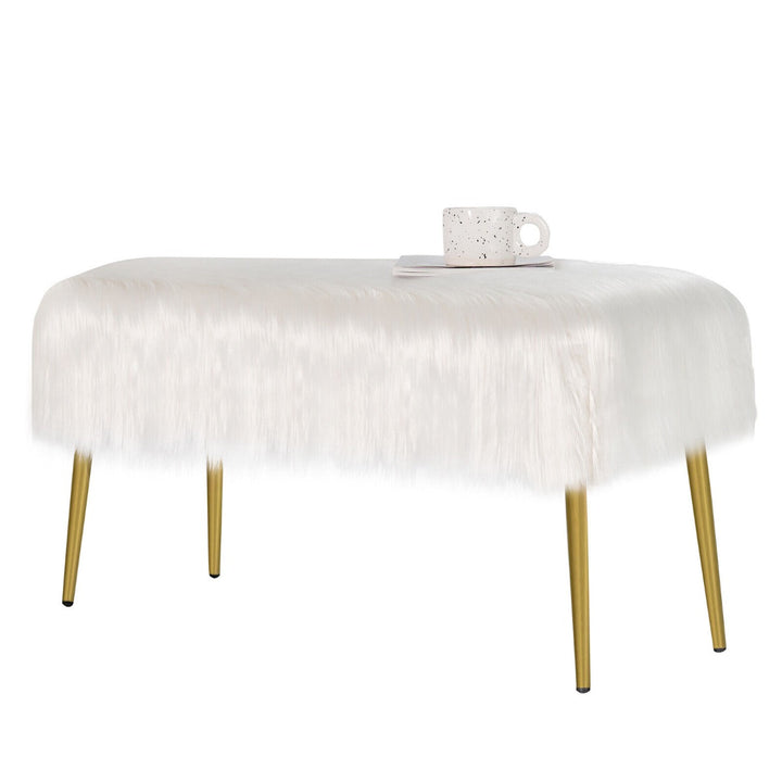 Rectangular Upholstered Furry Faux Fur Footrest with Golden Metal Legs - TidySpaces