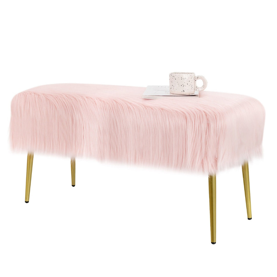 Rectangular Upholstered Furry Faux Fur Footrest with Golden Metal Legs - TidySpaces
