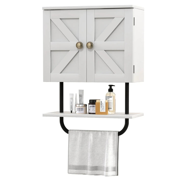 Bathroom Wall Cabinet with Double Door and Open Shelf and Towel Rack-White - TidySpaces