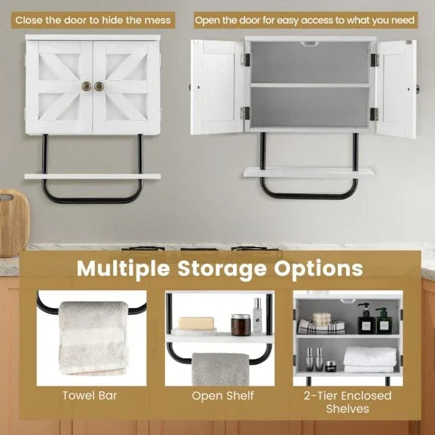 Bathroom Wall Cabinet with Double Door and Open Shelf and Towel Rack-White - TidySpaces