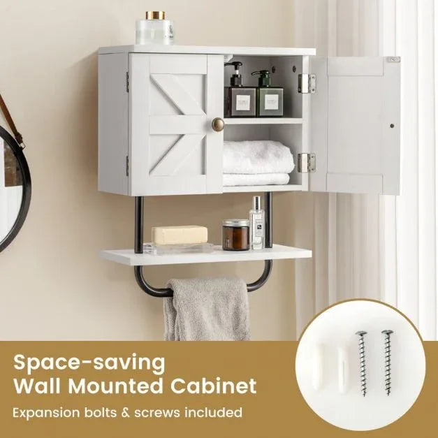 Bathroom Wall Cabinet with Double Door and Open Shelf and Towel Rack-White - TidySpaces