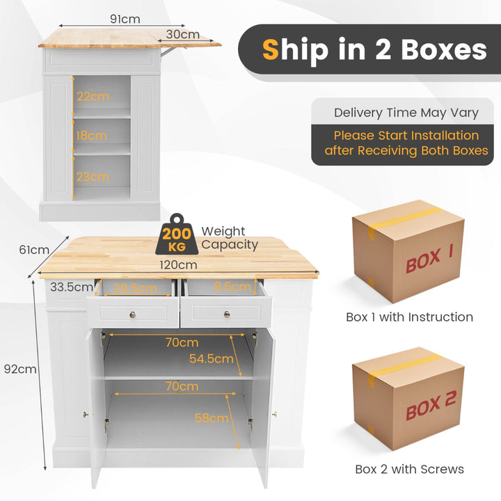 Drop Leaf Kitchen Island with Extendable Worktop and Adjustable Shelves - TidySpaces