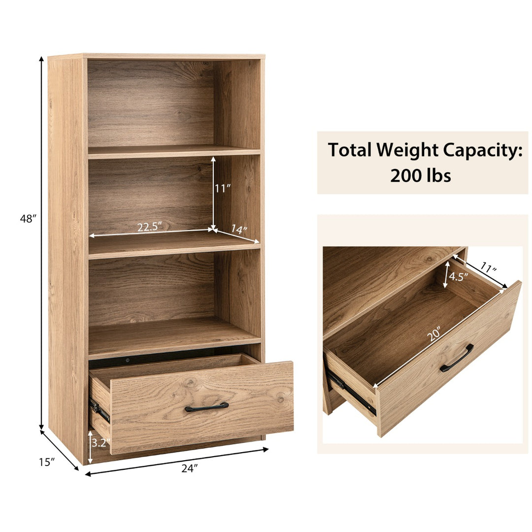 Wooden Storage Bookshelf Cabinet with 3 Tier Open Shelves and Drawer - TidySpaces