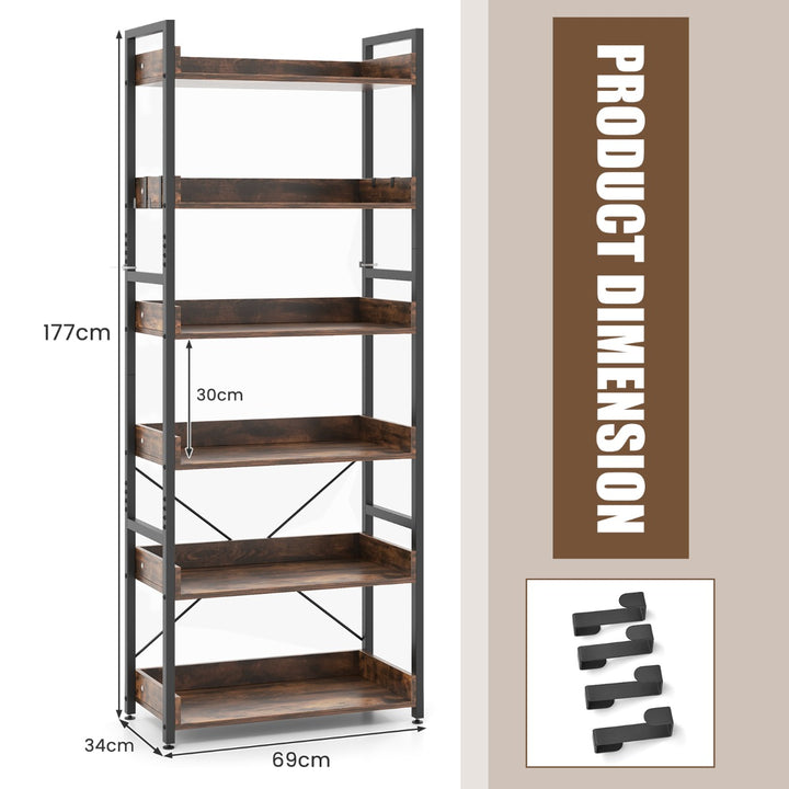 Tall 6 Tier Bookshelf with Open Shelves and 4 Hooks Rustic
