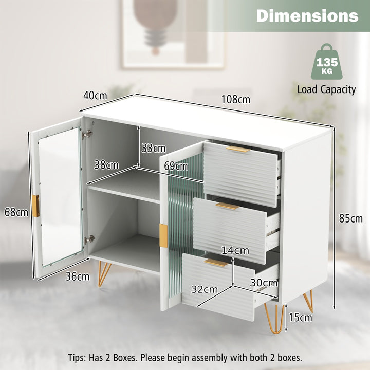 Modern Sideboard Storage Cabinet with 2 Glass Doors and 3 Drawers