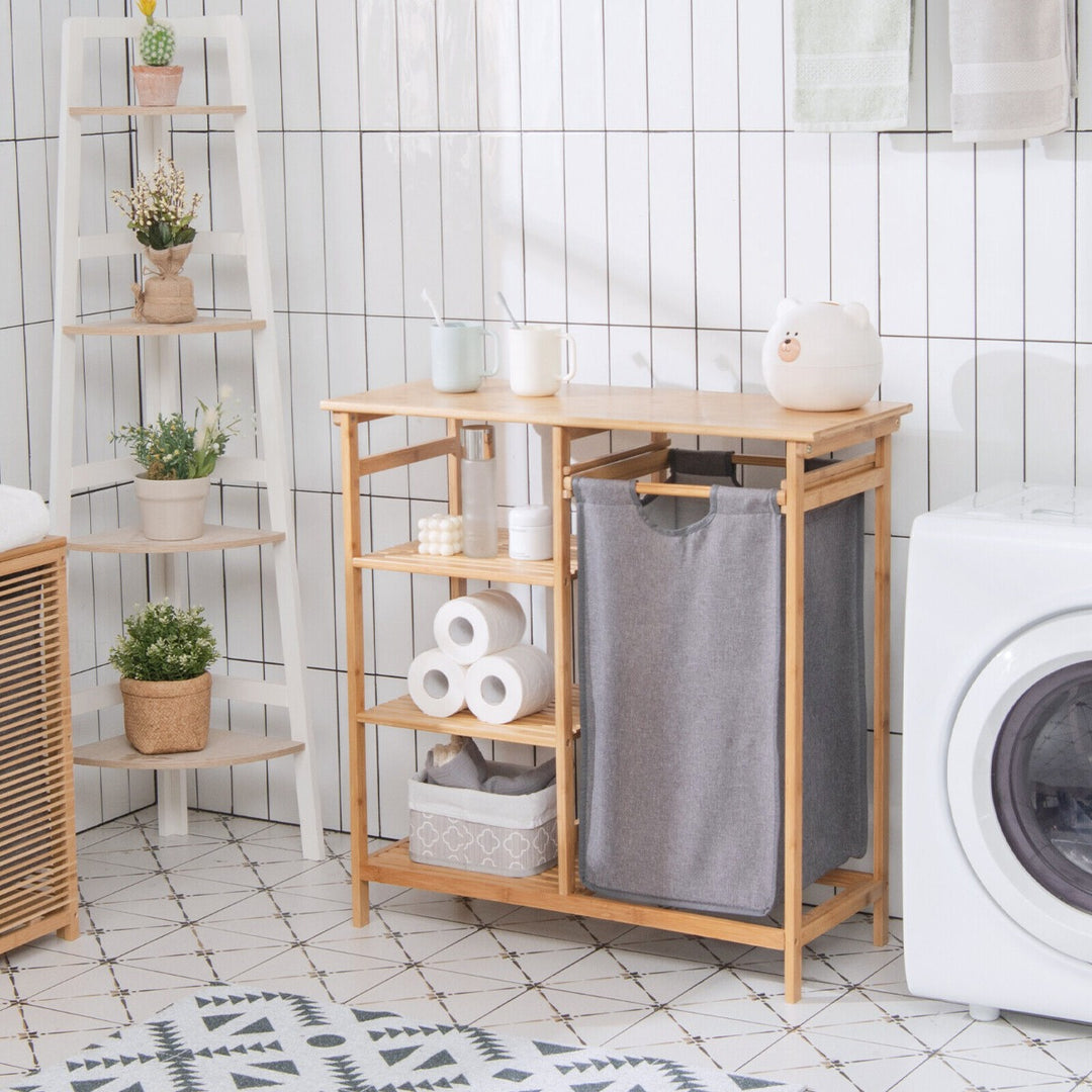 Bamboo Laundry Basket with Removable Pull-Out Bag and Storage Shelf-Natural