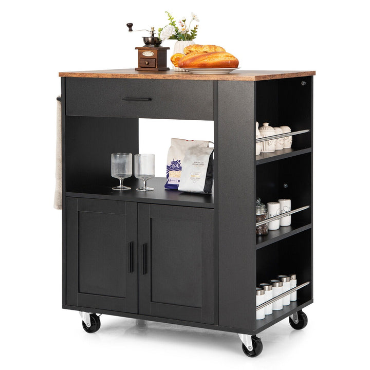 Rolling Kitchen Storage Trolley with Towel Bar Drawer and 2 Door Cabinet Black - TidySpaces