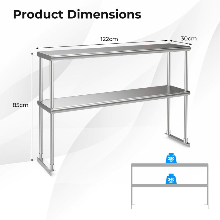 Double Tier Stainless Steel Overshelf with Adjustable Lower Shelf for Restaurant