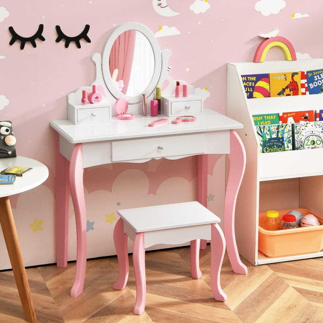 Kids Vanity Table and Chair Set with Detachable Rotatable Mirror