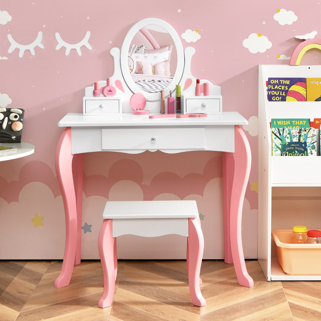 Kids Vanity Table and Chair Set with Detachable Rotatable Mirror