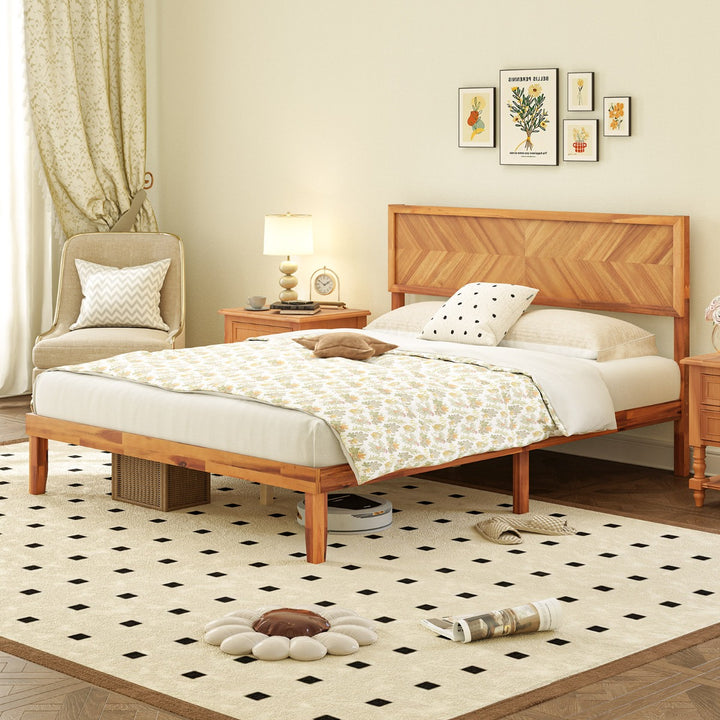 Mid-Century Acacia Wood Bed Frame with Headboard